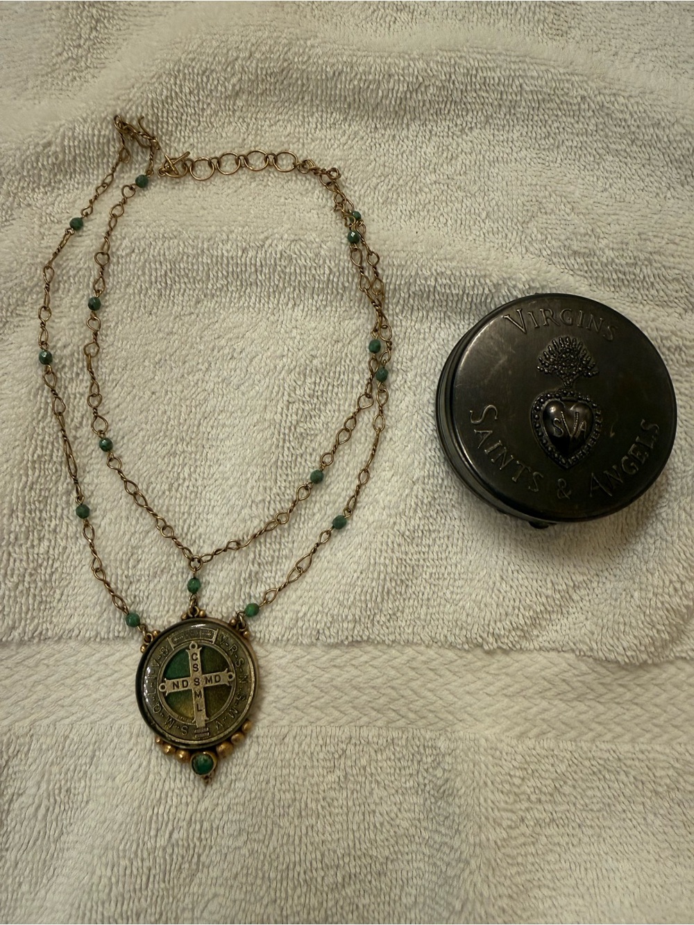 Virgins, Saints & Angels - Green Bead Layered Medal Necklace